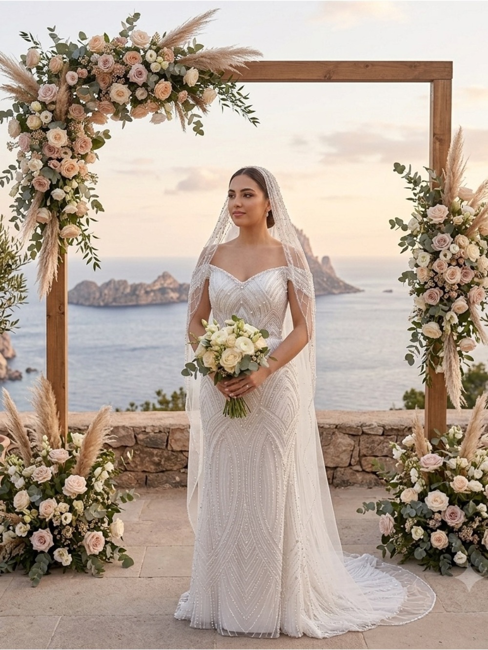 Unk Ivory Beaded Modest Long Sleeve Wedding Dress with Veil